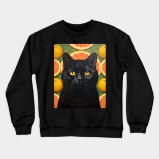 Black Cat Collage Surrounded by Citrus Fruit - Retro Vintage Unique Kitty Art Crewneck Sweatshirt